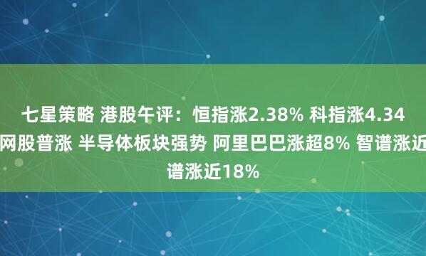 七星策略 港股午评：恒指涨2.38% 科指涨4.34% 科网股普涨 半导体板块强势 阿里巴巴涨超8% 智谱涨近18%